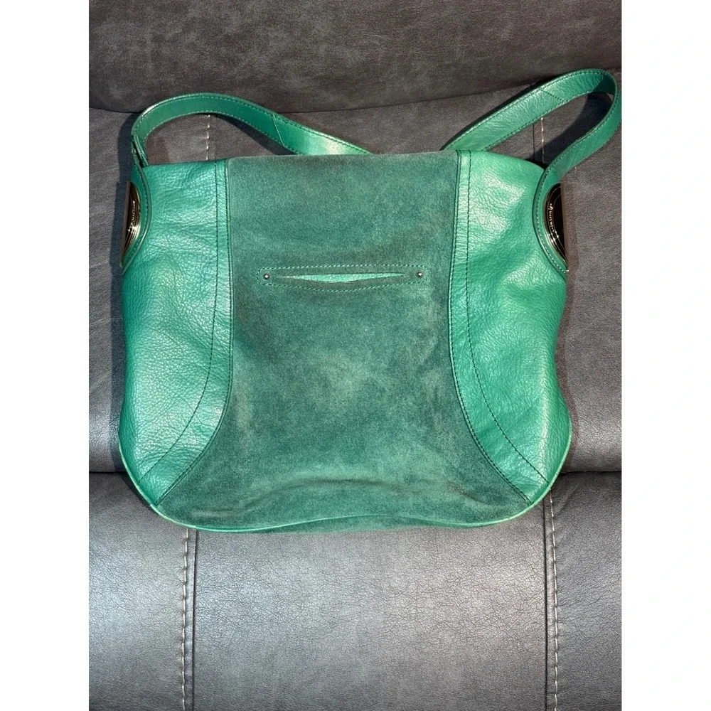 B. Makowsky Green Leather Suede Hobo Shoulder Bag Leopard Print Lining Gold Tone